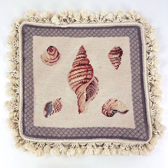 Hand Made Needlepoint Nautical Sea Shell Tassel Pillow Cover Velvet Back